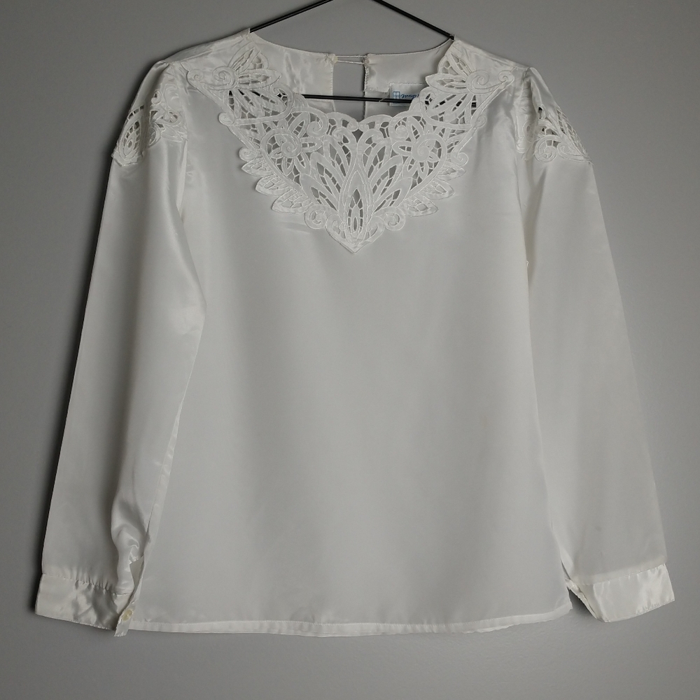 Vintage 80s Map Say White Satin Long Sleeve Blouse Women's Size S (6-8)